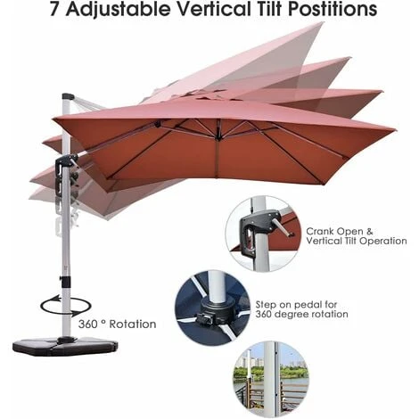 COSTWAY Parasol Déporté Carré 3M Avec Base En Croix Poteau En Aluminium Rotatif à 360° Manivelle Inclinable 8 Baleines Orange – Image 3