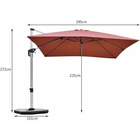 COSTWAY Parasol Déporté Carré 3M Avec Base En Croix Poteau En Aluminium Rotatif à 360° Manivelle Inclinable 8 Baleines Orange – Image 4