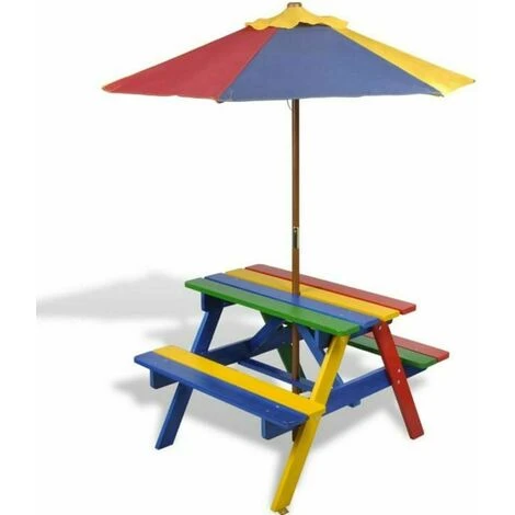 VIDAXL Ensembles De Pique-nique Pour Les Enfants Colorés Avec Du Parasol De Table Avec Banc Et Parapluie Table Et Bancs De Pique-nique Avec Parasol Pour Enfants Bois – Image 4