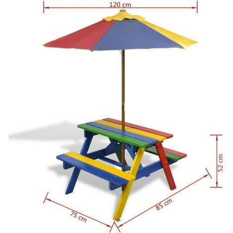 VIDAXL Ensembles De Pique-nique Pour Les Enfants Colorés Avec Du Parasol De Table Avec Banc Et Parapluie Table Et Bancs De Pique-nique Avec Parasol Pour Enfants Bois – Image 5
