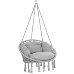 Chaise Suspendue Avec Coussins Fauteuil Suspendu 1 Personne Hamac Coton Avec Franges Capacité 150kg Intérieur Extérieur Gris Clair