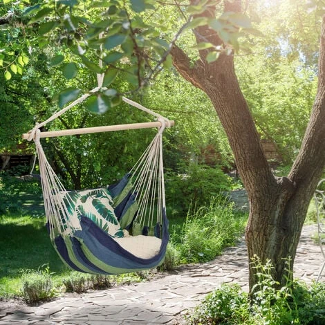 Relaxdays Fauteuil Suspendu, Hamac Siège, Jardin, Intérieur-extérieur, 150 Kg, Enfants Et Adultes, Coton/bois, Bleu/vert – Image 2