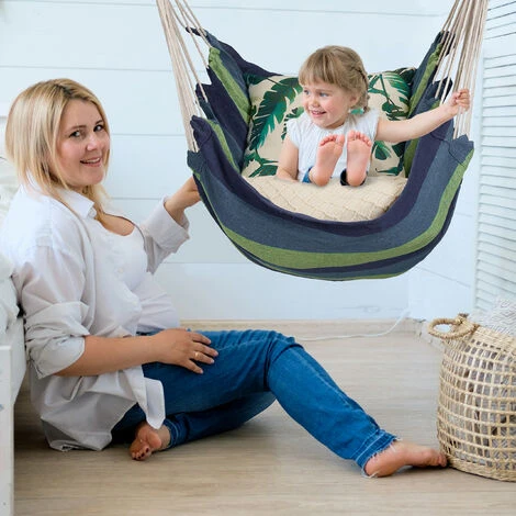 Relaxdays Fauteuil Suspendu, Hamac Siège, Jardin, Intérieur-extérieur, 150 Kg, Enfants Et Adultes, Coton/bois, Bleu/vert – Image 5