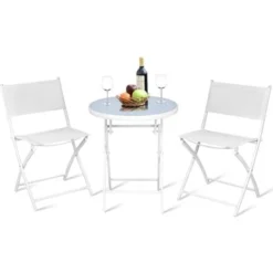 RELAX4LIFE Set De Bistro 1 Table Ronde&2 Chaises Pliables, Salon De Jardin 3 Pièces Extérieur, Cadre En Acier, Verre Trempé, Chaises Portables, Table Bistro Pour Terrasse, Patio, Café (Tout Blanc)