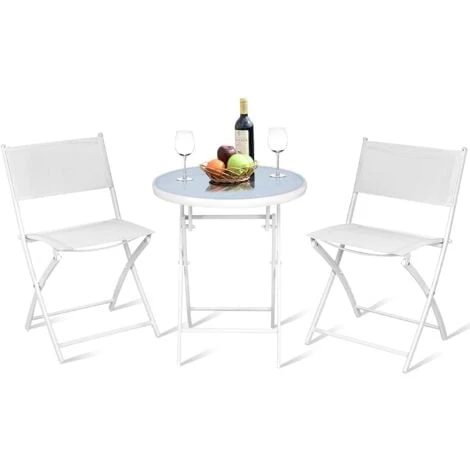 RELAX4LIFE Set De Bistro 1 Table Ronde&2 Chaises Pliables, Salon De Jardin 3 Pièces Extérieur, Cadre En Acier, Verre Trempé, Chaises Portables, Table Bistro Pour Terrasse, Patio, Café (Tout Blanc)