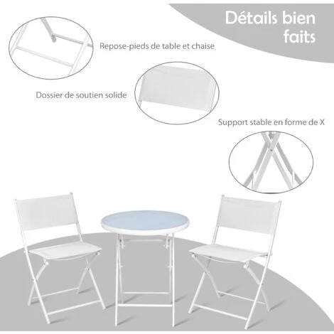 RELAX4LIFE Set De Bistro 1 Table Ronde&2 Chaises Pliables, Salon De Jardin 3 Pièces Extérieur, Cadre En Acier, Verre Trempé, Chaises Portables, Table Bistro Pour Terrasse, Patio, Café (Tout Blanc) – Image 4