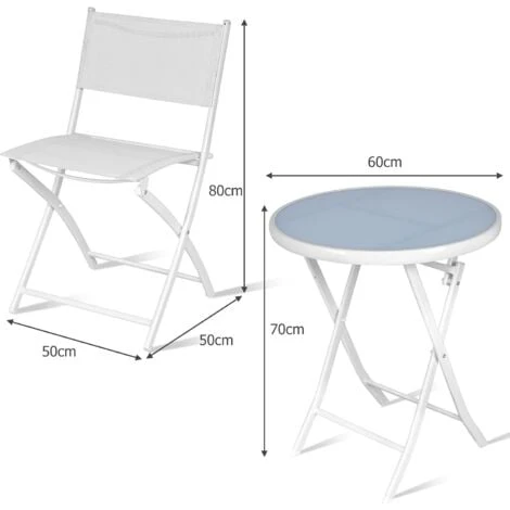 RELAX4LIFE Set De Bistro 1 Table Ronde&2 Chaises Pliables, Salon De Jardin 3 Pièces Extérieur, Cadre En Acier, Verre Trempé, Chaises Portables, Table Bistro Pour Terrasse, Patio, Café (Tout Blanc) – Image 5