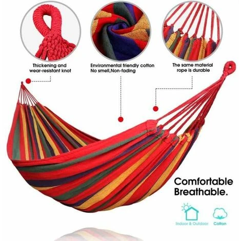 Hamac,Hamac Simple , 280x150cm Toile à Voile 2 Personnes 200kg De Charge Loisirs Patio Léger Camping - Rouge FUIENKO – Image 2