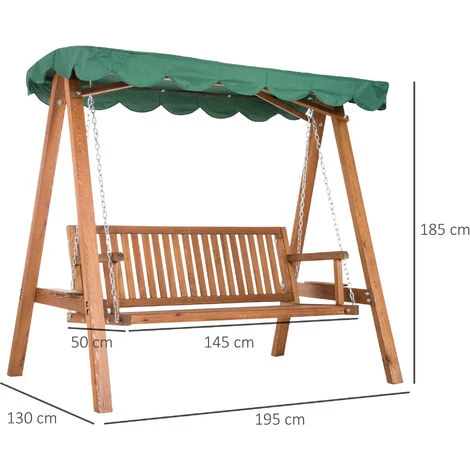 OUTSUNNY Balancelle De Jardin 3 Places 2 Tablettes Support 1,95L X 1,3l X 1,85H M Charge Max. 360 Kg Bois De Pin Vert – Image 4