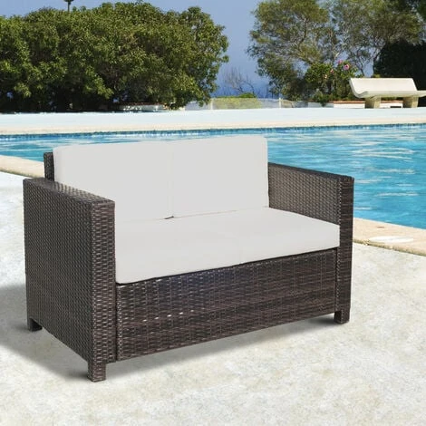 OUTSUNNY Canapé De Jardin 2 Places Canapé Droit 4 Coussins Déhoussables 130L X 70l X 80H Cm Résine Tressée Chocolat – Image 2