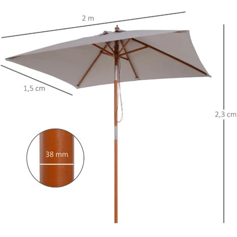 OUTSUNNY Parasol Rectangulaire Inclinable Bois Polyester Haute Densité 2L X 1,5l X 2,3H M Gris Clair – Image 3