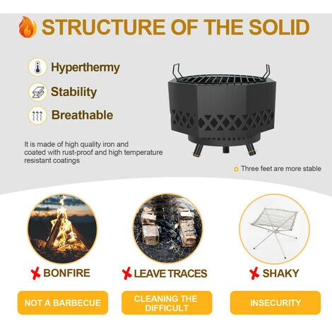 Foyer Extérieur Chauffage En Fonte Fire Pit Terrasse De Jardin Fire Bol Cheminée Extérieur De Jardin Noir 41.91 X 29.21 Cm – Image 3