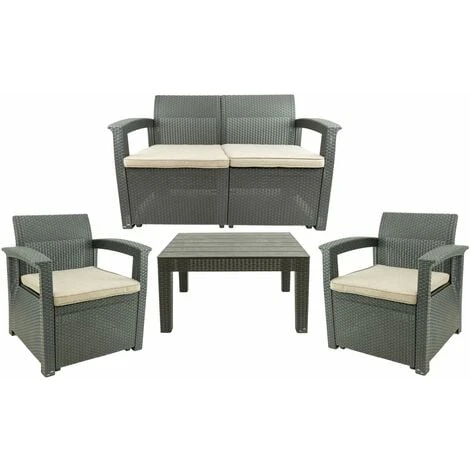 Set Salon D’extérieur - Salon De Jardin Pour 4 Personnes - 2 Fauteuils, 1 Canapé Et 1 Table - Avec Coussins - Gris