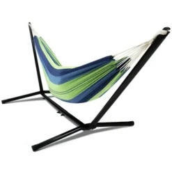 Hamac Avec Support Métal Et Toile Rayée Bleue Et Verte