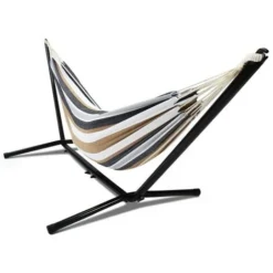 Hamac Avec Support Métal Et Toile Rayée Noire, Blanche Et Chocolat