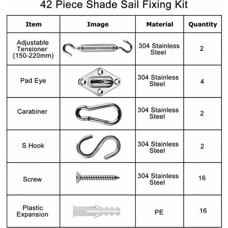 Kit De Fixation Pour Voile D'ombrage 42 Pièces De Matériel En Acier Inoxydable Pour Installation De Voile D'ombrage Rectangulaire Et Triangulaire, 15-22CM – Image 4