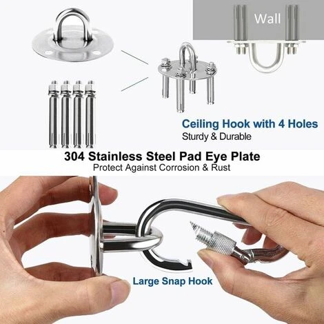 Crochet De Fixation Murale Pour Hamac Suspendu,Yoga,Chaise Accrochante Et Sac De Boxe, Acier Inoxydable Kit De Suspension Trainer Avec Mousqueton Et Vis De Fixation Fontainebleau Argent Zhuoxuan – Image 3