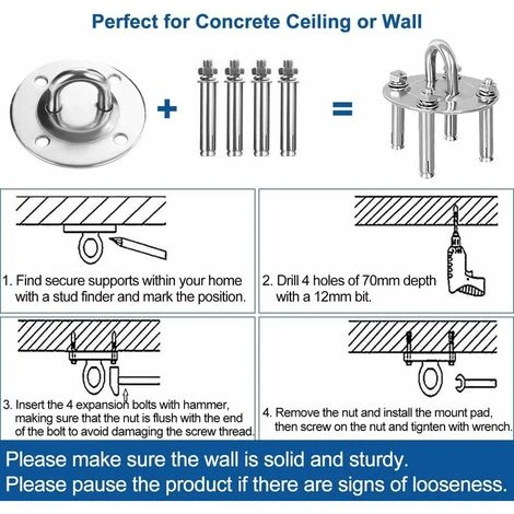 Crochet De Fixation Murale Pour Hamac Suspendu,Yoga,Chaise Accrochante Et Sac De Boxe, Acier Inoxydable Kit De Suspension Trainer Avec Mousqueton Et Vis De Fixation Fontainebleau Argent Zhuoxuan – Image 5