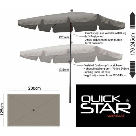 Parasol 2x1,25m Rectangulaire Avec Volant Et Dispositif Rabattable Gris – Image 2