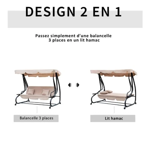 OUTSUNNY Balancelle De Jardin Convertible 3 Places Inclinaison Toit Réglable 2 Tablettes + Matelas 2L X 1,2l X 1,64H M Métal époxy Noir Polyester Beige – Image 4