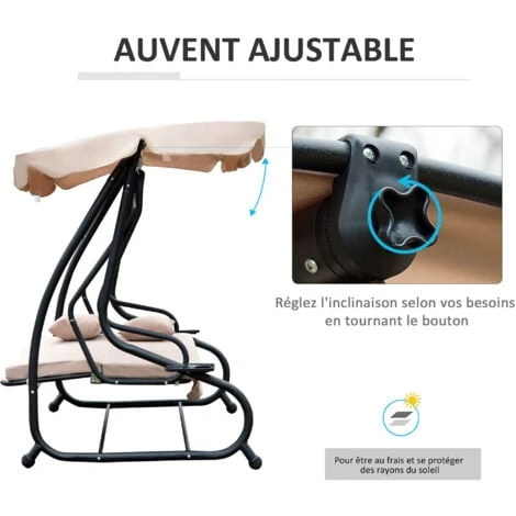 OUTSUNNY Balancelle De Jardin Convertible 3 Places Inclinaison Toit Réglable 2 Tablettes + Matelas 2L X 1,2l X 1,64H M Métal époxy Noir Polyester Beige – Image 5