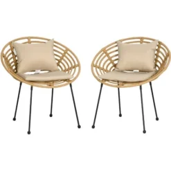 OUTSUNNY Lot De 2 Chaises De Jardin Style Colonial Coussins Beige Inclus Résine Tressée Et Filaire Aspect Rotin