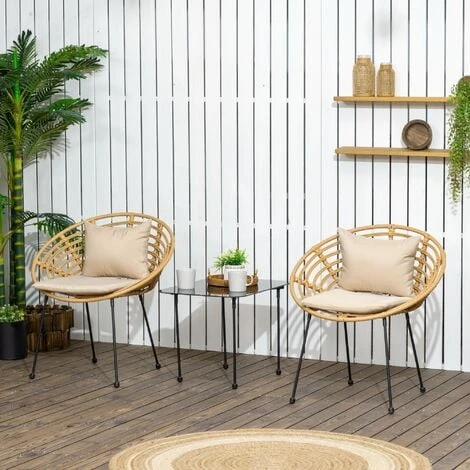 OUTSUNNY Lot De 2 Chaises De Jardin Style Colonial Coussins Beige Inclus Résine Tressée Et Filaire Aspect Rotin – Image 2