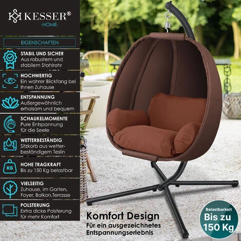 KESSER® Fauteuil Suspendu De Luxe Avec Structure Et Coussin D’assise Moelleux, Rembourrage Latéral, Coussin D’assise Et De Dossier Panier Suspendu Intérieur Et Extérieur Balançoire De Jardin Panier – Image 2