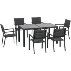 OUTSUNNY Ensemble De Jardin 6 Personnes Chaises Empilables Table Extensible 150/210L Cm Alu. Teslin Gris
