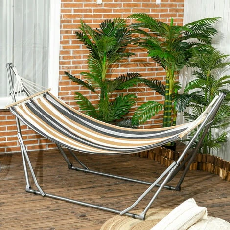 OUTSUNNY Hamac De Jardin Pliable Avec Support Acier époxy Et Toile Coton Lin Marron Noir Gris Blanc – Image 2