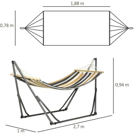 OUTSUNNY Hamac De Jardin Pliable Avec Support Acier époxy Et Toile Coton Lin Marron Noir Gris Blanc – Image 3