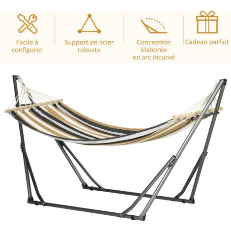 OUTSUNNY Hamac De Jardin Pliable Avec Support Acier époxy Et Toile Coton Lin Marron Noir Gris Blanc – Image 5