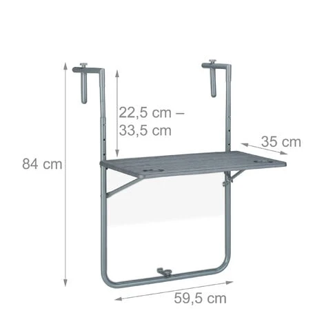 Relaxdays Table De Balcon Suspendue Rabattable, Rectangulaire, HxL: 59,5x60 Cm, Hauteur 3 Niveaux 2 Porte-boissons, Gris – Image 4