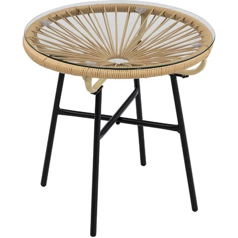 OUTSUNNY Table Basse Ronde De Jardin En Résine Aspect Rotin Métal Et Plateau Verre Trempé Ø 50 X 50H Cm Beige