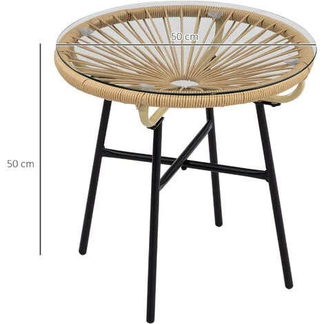 OUTSUNNY Table Basse Ronde De Jardin En Résine Aspect Rotin Métal Et Plateau Verre Trempé Ø 50 X 50H Cm Beige – Image 3