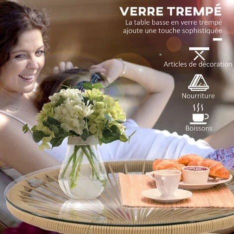 OUTSUNNY Table Basse Ronde De Jardin En Résine Aspect Rotin Métal Et Plateau Verre Trempé Ø 50 X 50H Cm Beige – Image 5