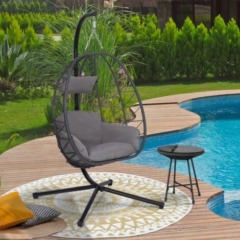 Fauteuil Suspendu HUEVO Pliable Ajouré Gris Avec Coussin Gris – Image 2