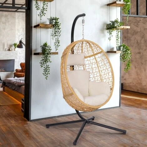 Fauteuil Oeuf Suspendu Ajouré Effet Rotin Avec Coussin écru – Image 4