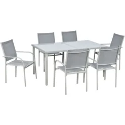 OUTSUNNY Ensemble De Jardin 6 Personnes Chaises Empilables Table à Manger Dim. 150L X 90l X 72H Cm Plateau Verre Acier époxy Textilène Gris
