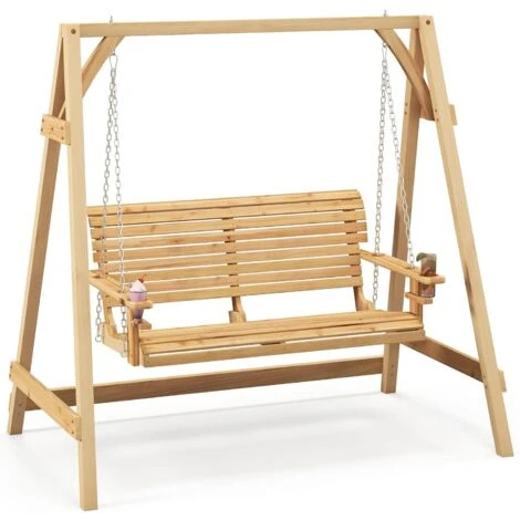 COSTWAY Balancelle De Jardin En Bois 2 Places Avec Porte-gobelets Et Accoudoirs, Balancelle Exterieur Charge 240KG Avec Chaîne Métallique Et Structure En Forme A, Pour Jardin Cour