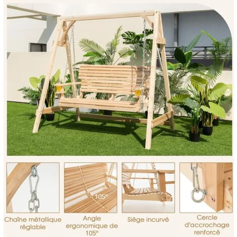 COSTWAY Balancelle De Jardin En Bois 2 Places Avec Porte-gobelets Et Accoudoirs, Balancelle Exterieur Charge 240KG Avec Chaîne Métallique Et Structure En Forme A, Pour Jardin Cour – Image 2