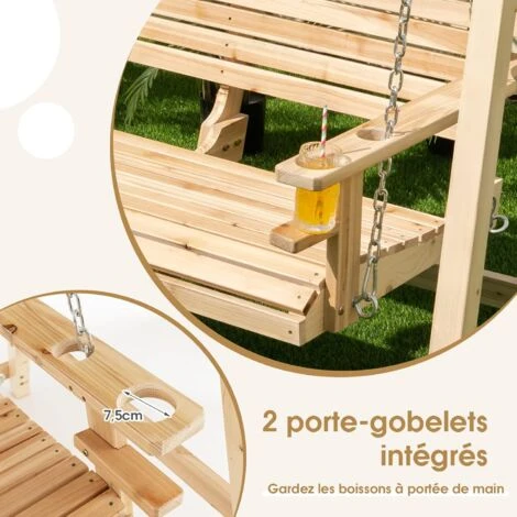 COSTWAY Balancelle De Jardin En Bois 2 Places Avec Porte-gobelets Et Accoudoirs, Balancelle Exterieur Charge 240KG Avec Chaîne Métallique Et Structure En Forme A, Pour Jardin Cour – Image 3