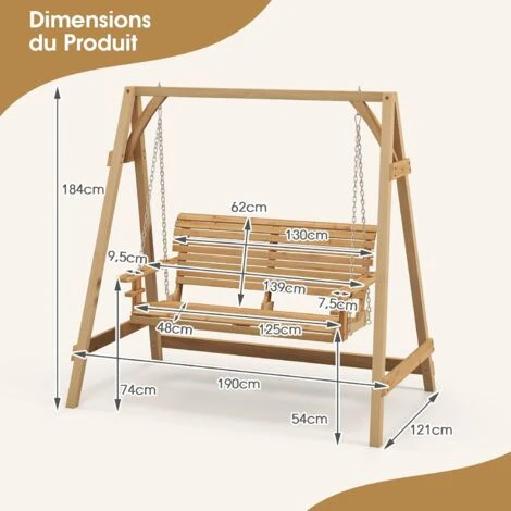 COSTWAY Balancelle De Jardin En Bois 2 Places Avec Porte-gobelets Et Accoudoirs, Balancelle Exterieur Charge 240KG Avec Chaîne Métallique Et Structure En Forme A, Pour Jardin Cour – Image 4
