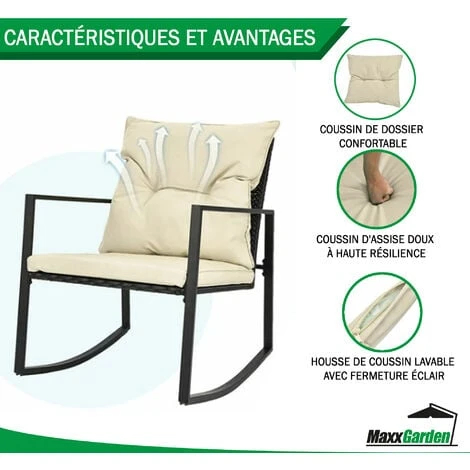 Garden Set - Chaise à Bascule - 2 Personnes Avec Coussin Et Table - Rotin Noir - MaxxGarden – Image 2
