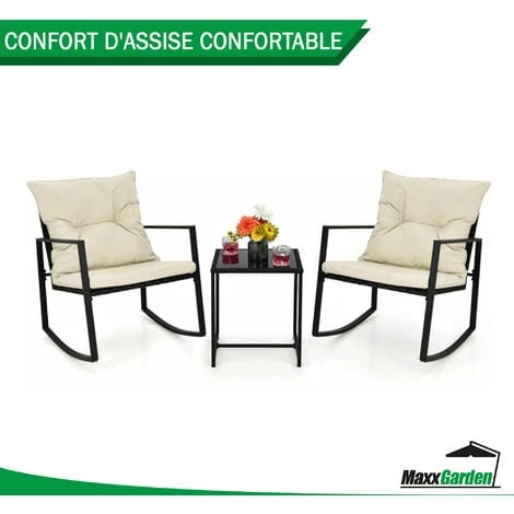 Garden Set - Chaise à Bascule - 2 Personnes Avec Coussin Et Table - Rotin Noir - MaxxGarden – Image 3