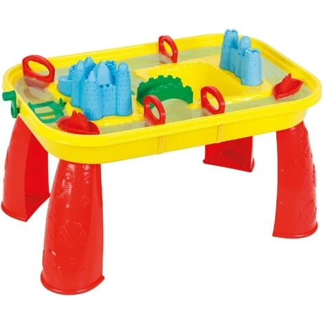 PILSAN Table De Sable Et D'eau, Jaune Et Rouge, Table Jeu D'Eau Construction Robuste A Partir De 3 Ans Comprend 9 Accessoires Facile à Assembler Dimensions 58x38x38 Cm