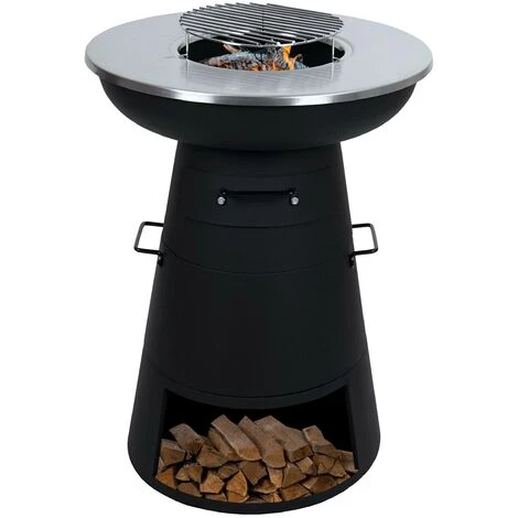 Bol De Feu Avec Grill HHG-865, Foyer Panier De Feu BBQ, Grille Plaque De Grill, Acier Inox Ø 58cm Noir – Image 2