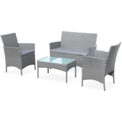 Ensemble De Jardin En Résine Tressée. Salon 4 Places Fauteuil Moltès Gris / Gris