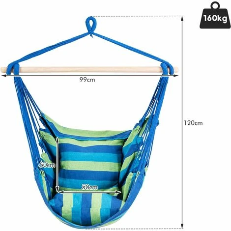 RELAX4LIFE Chaise Hamac Pivotant à La Corde Avec 2 Coussins Pour Intérieur Et Extérieur,Fauteuil Suspendu Charge Max 160KG Pour Jardin Chambre Patio,120X99CM (Bleu) – Image 5