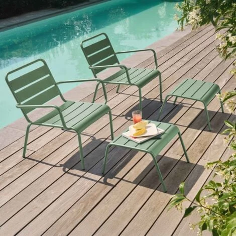 Lot De 2 Fauteuils Relax Avec Repose-pieds En Métal Vert Sauge - Palavas – Image 2